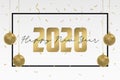 2020 Happy New Year greeting card design. Holidays banner with gold Christmas balls and golden confetti. Vector Royalty Free Stock Photo